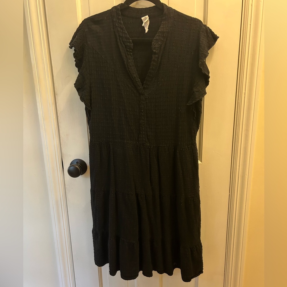 ANTHROPOLOGIE/AMADI ADLER BLACK LINEN BLEND FLUTTER SLEEVE TIERED MIDI DRESS M